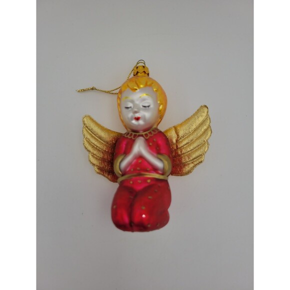 Vintage Glass Praying Angel Ornament With Gold Cloth Wings - Picture 1 of 5